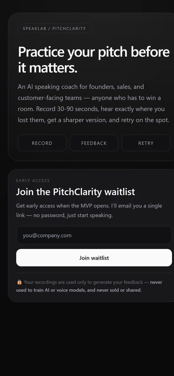 SpeakLab / PitchClarity — AI speaking & pitch coach